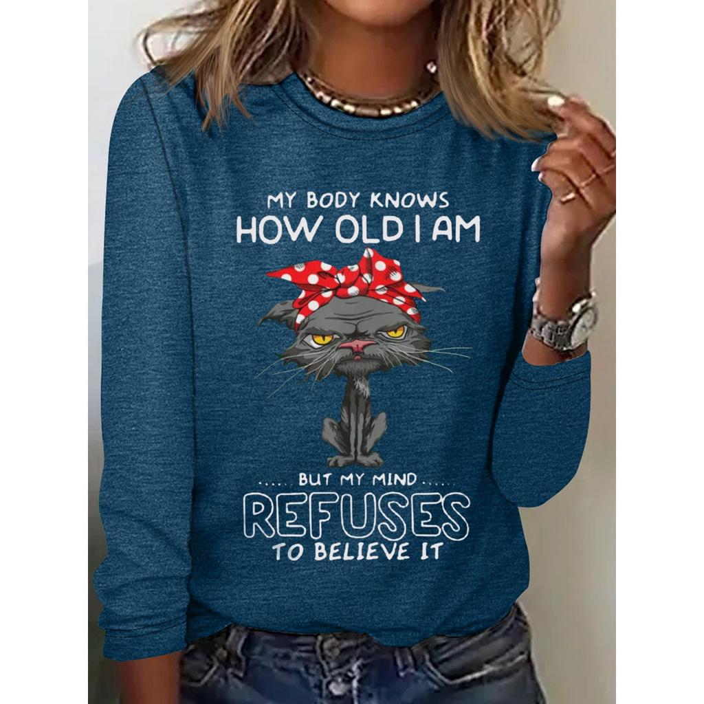 Okrągły dekolt 3D nadruk zabawny kot wzór top modny casual długi rękaw damskie koszulki