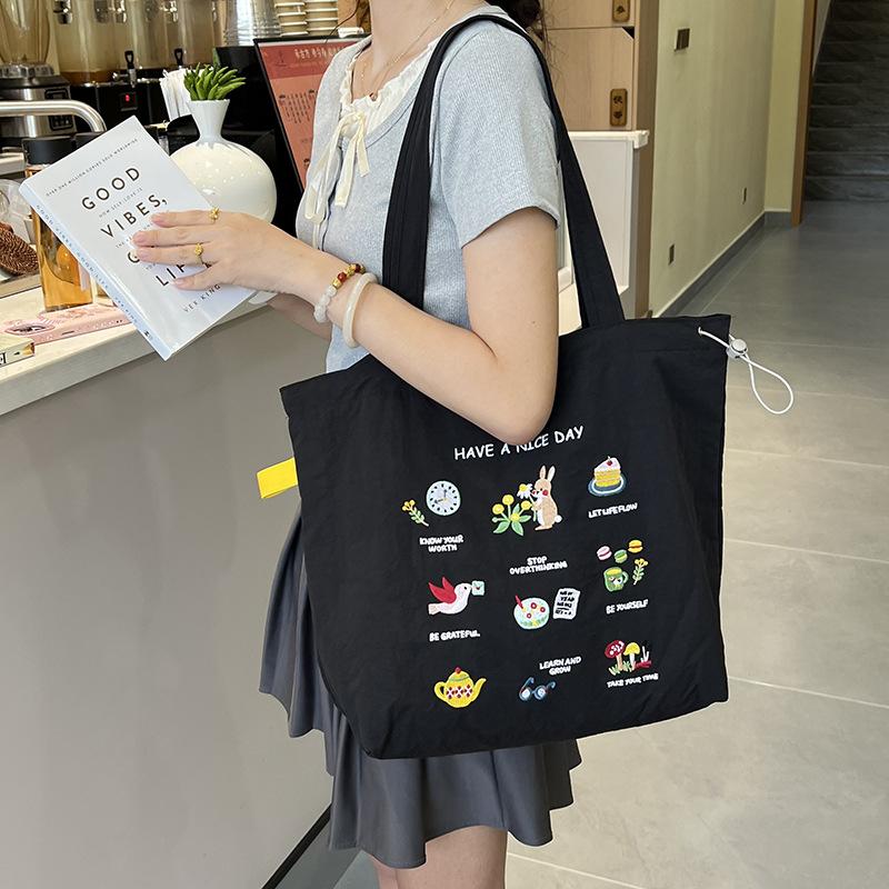 Large Capacity Shoulder Bag Cute Embroidery Versatile Literary Drawstring Lazy Wind Spring And Summer Candy Color