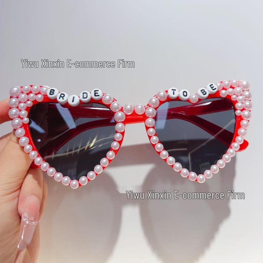 Crystal Heart Bride Sunglasses with Rhinestones & Pearls - Women's Bachelorette Party Accessory