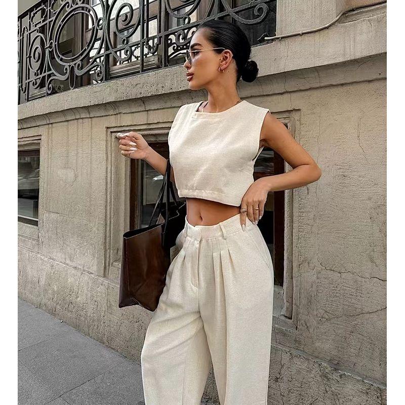 Fashion Style Summer Fashion Casual Khaki Sleeveless Top and Trousers Two-piece Set Vest and Pants Set