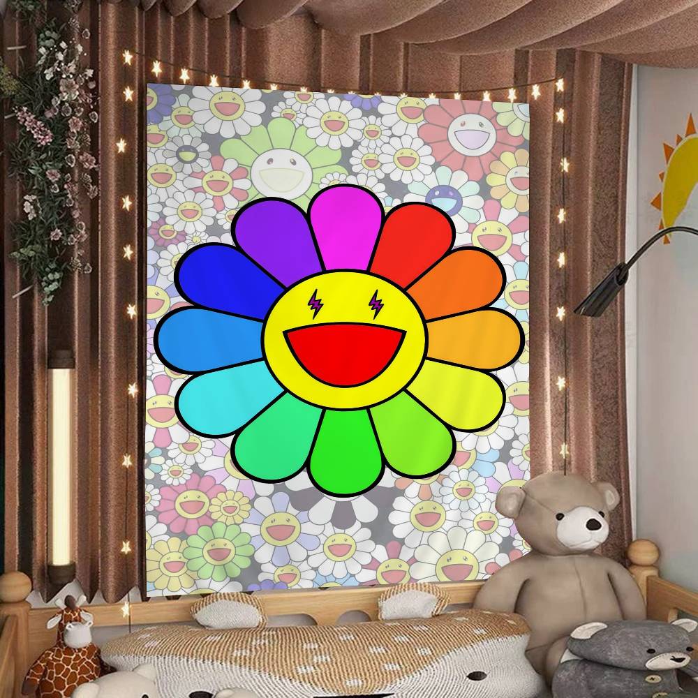Cute TTakashi Flowers MMurakami Colorful Tapestry Wall Hanging Hanging Tarot Hippie Wall Rugs Dorm Wall Art Decor