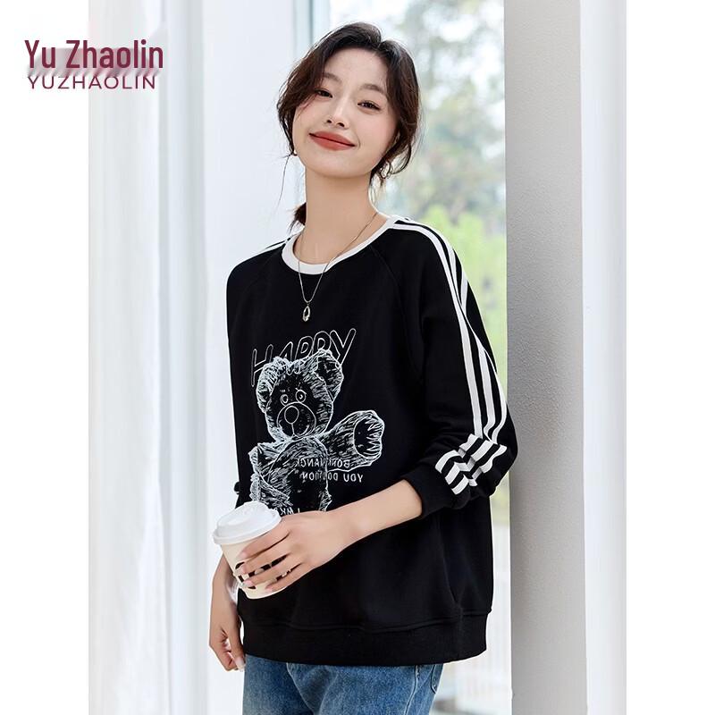 Yuzhaolin Women's Bear Print Striped Color Block Round Neck Sweatshirt