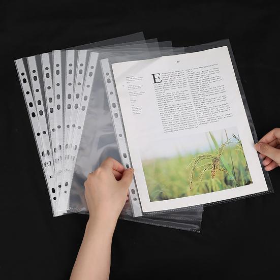 100 Pcs A4 Clear Document Folder Transparent Waterproof Case Document Paper Organizer 11-Hole File Folder for A4 Size Paper School Office Supplies