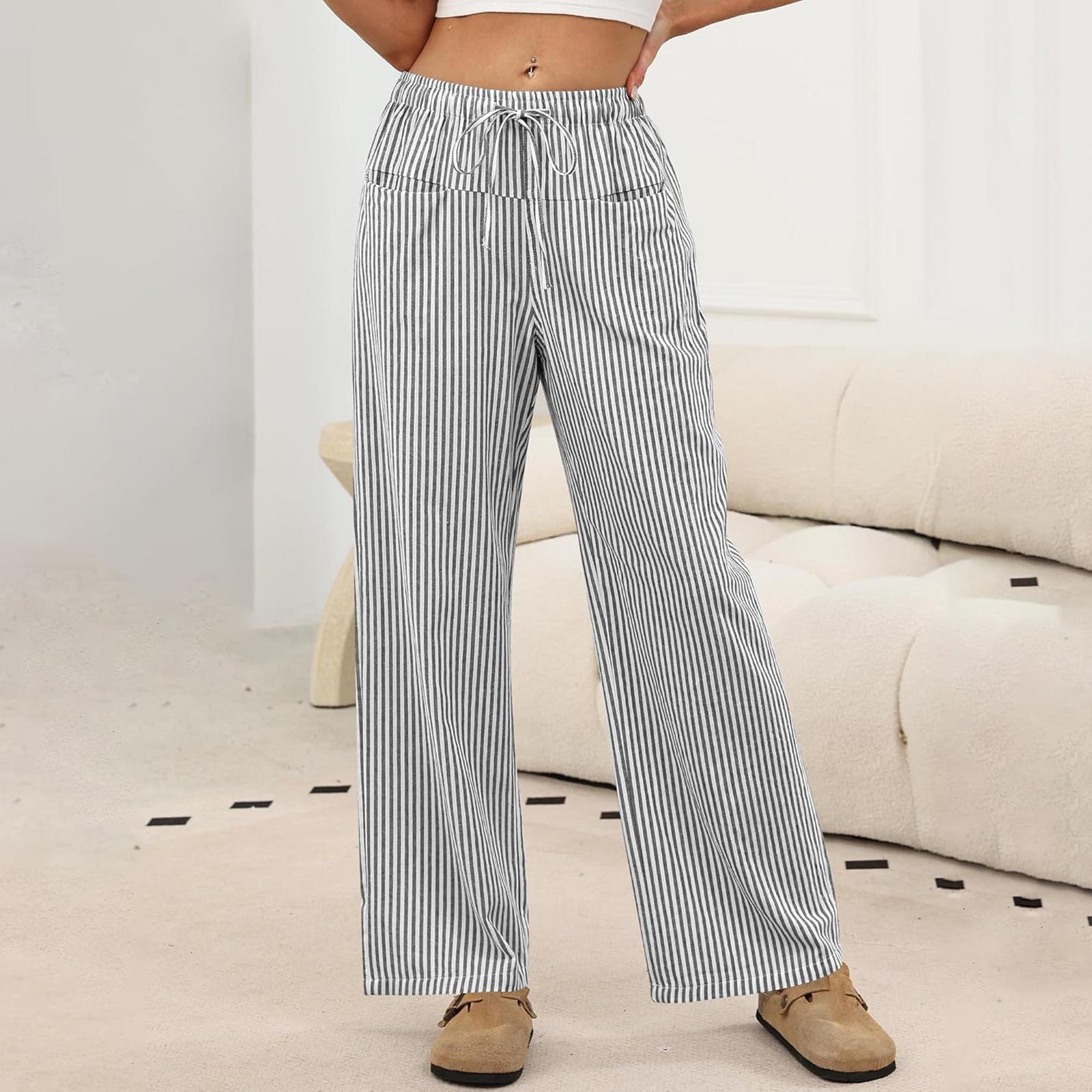 

Ladies Fashionable Color Straight Leg Pants With High Waist Pockets Casual Pants M