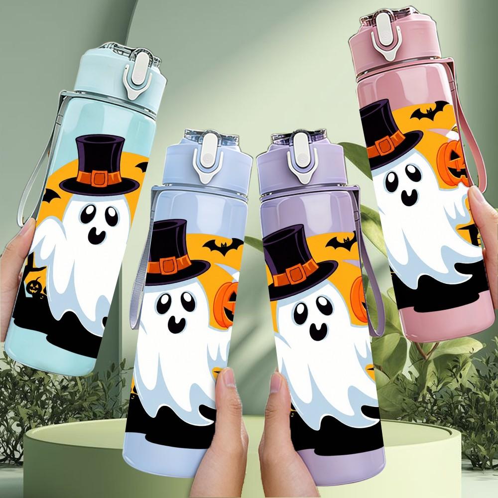1PC Spooky Ghost Halloween Theme 750ml Color Plastic Sports Water Bottle Leakproof Flip Straw Lid Suitable for Sports Office Home Use
