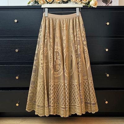 Saia Plissada Feminina Primavera Outono Cintura Alta Guarda-Roupa Renda Crochê Vazada Versátil