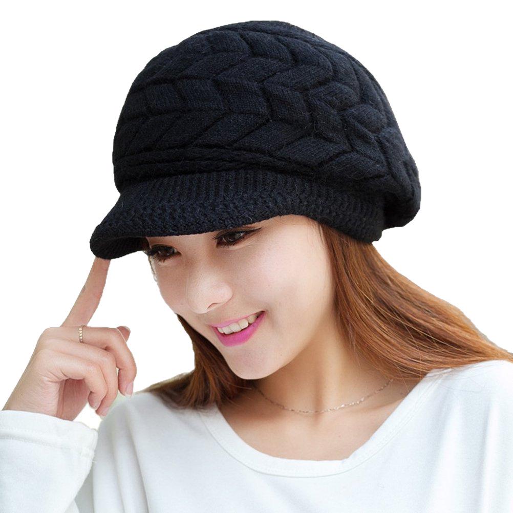 Women's Retro Knit Winter Hat with Visor - Warm for Cold Weather, Running, Camping, Walking, and Skiing