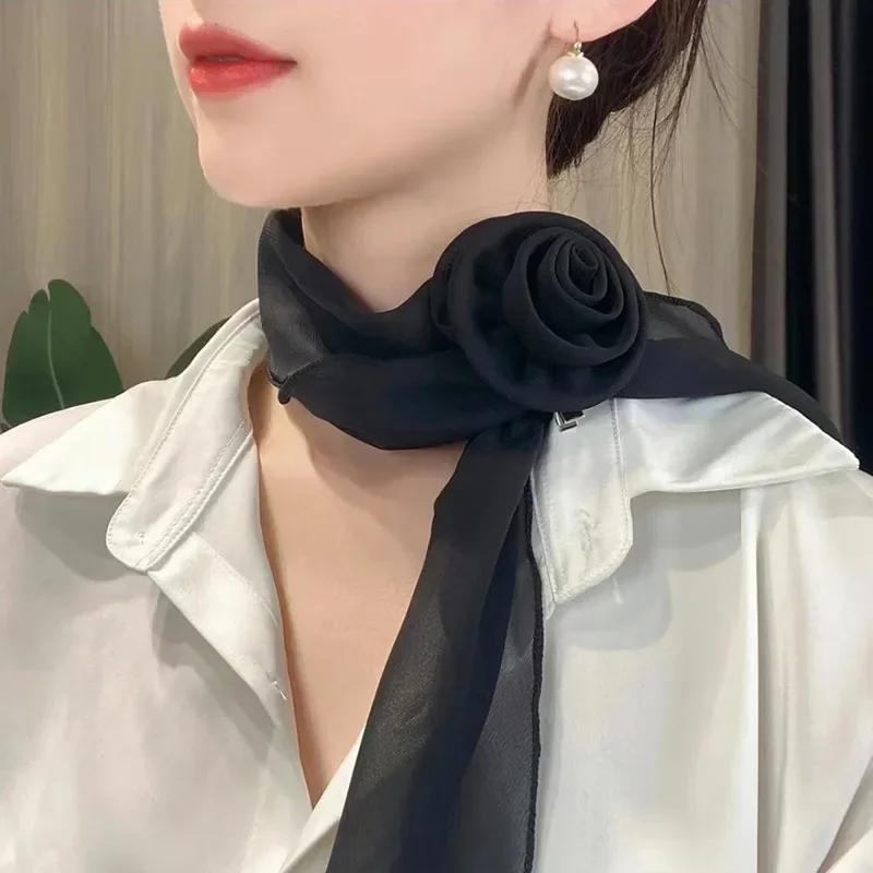 

Fashion Luxury Chiffon Scarf Elegant Versatile Detachable Rose Decor Neck Scarf Trendy Neck Scarves For Women Girls Gifts