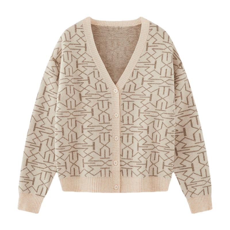 Winter 2022 V-neck Diamond Pattern Long Sleeve Knit Cardigan