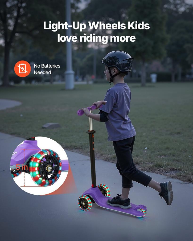 Kick Scooter for Kids Ages 3+, 3-Wheel Toddler Scooter with Light-Up Wheels, Adjustable Height Handlebar, Wide Anti-Slip Deck, Lightweight Aluminum