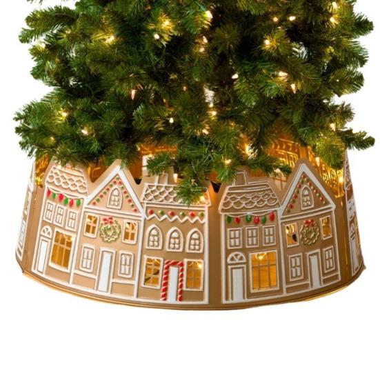 26/28-Inch LED Gingerbread Christmas Tree Collar Xmas Tree Skirt with String Light Xmas Artificial Trees Stand Base Ring Cover Decoration