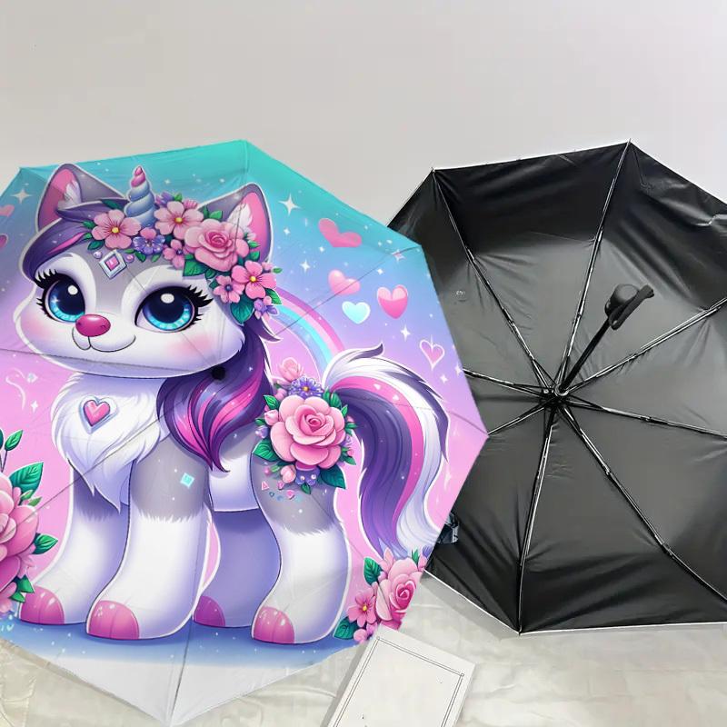 1PC Unicorn Kitty Automatic Open/Close Umbrella with Windproof, 8-Rib Sturdy Canopy, Durable Ribs, Fashionable Design, Outdoor Accessory, Fun Prin, Ho