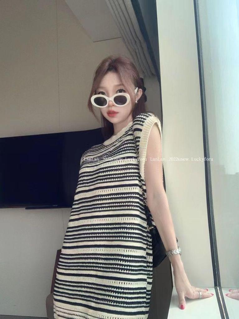 Summer 2025 Striped Sleeveless Knit Tassel Dress for Women