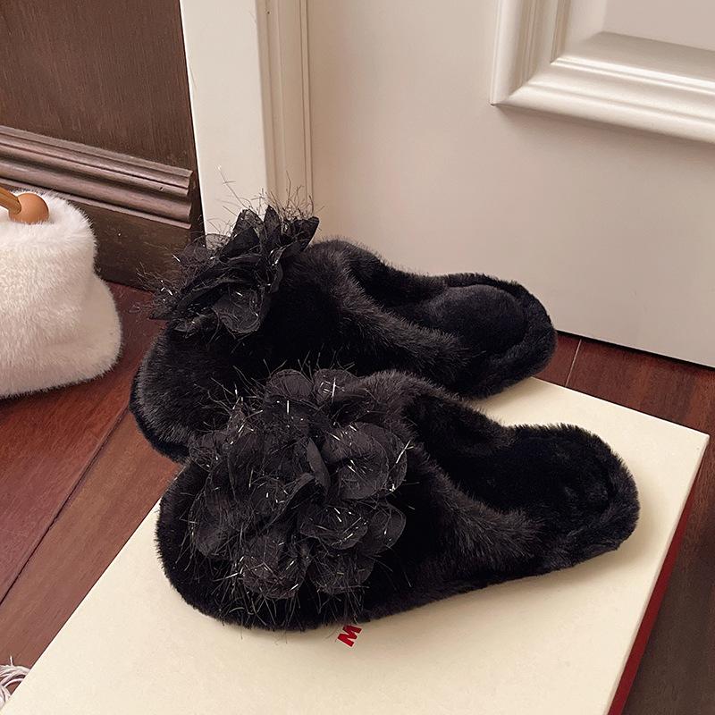 Korean sweet mesh flower flat heel slippers women's autumn wear Internet celebrity one-character soft bottom non-slip cotton slippers women