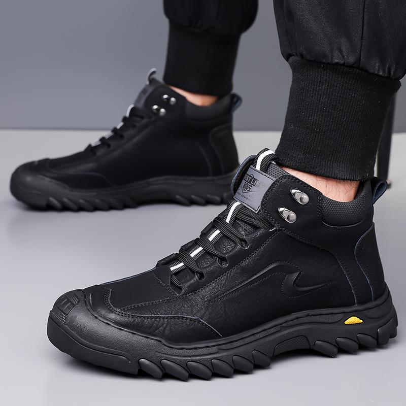 Fashion Men Walking Shoes Winter Thermal Motorcycle Boots for Men Leather Riding Ankle Boots Outdoor Trekking Shoes Non-Slip Men's Boots