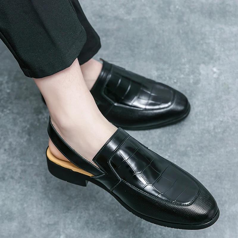 New Sandals Men PU Stone Pattern Splice Solid Color Buckle Low Heel Fashion Comfortable Non Slip Business Casual Sandals