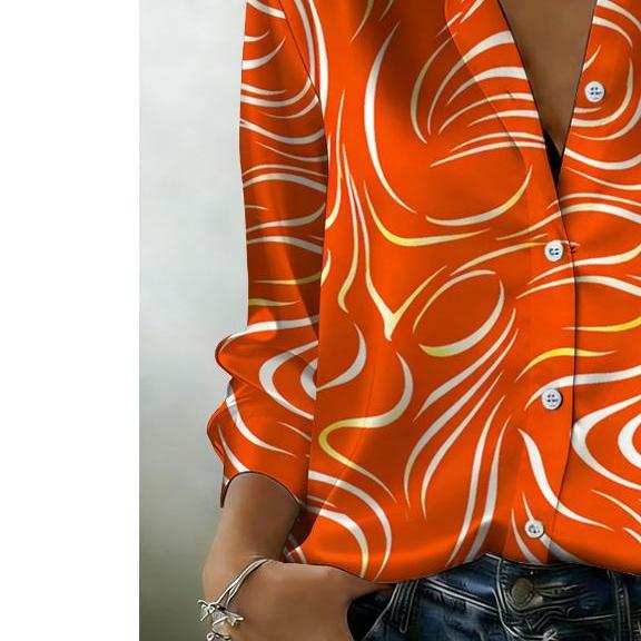 New orange-striped printed long-sleeved shirt, women's casual collar button-down shirt, creating a vibrant and artistic daily style