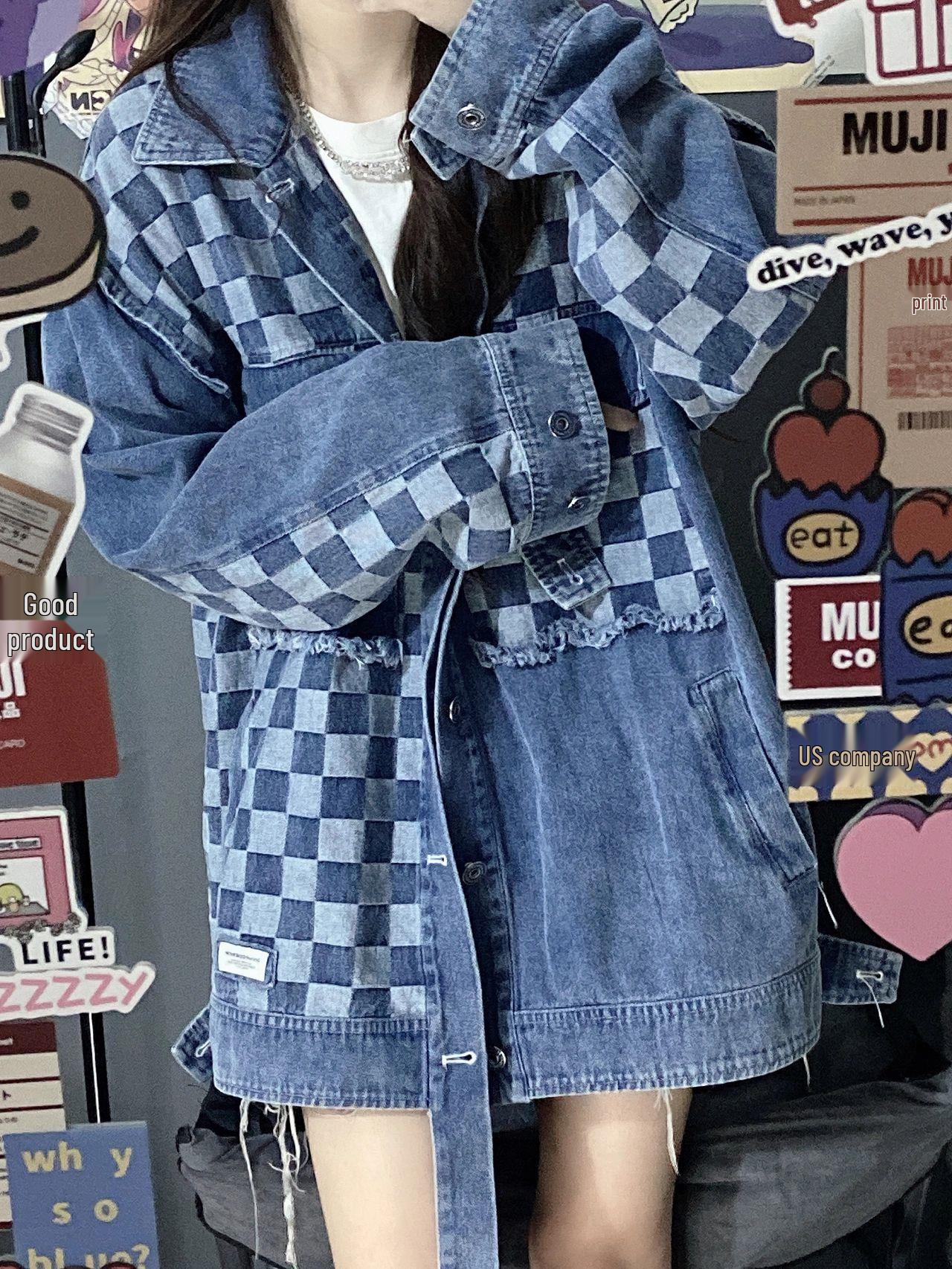 

Женская джинсовая куртка в ретро-клетку - Тренд осени 2025 Medium синий