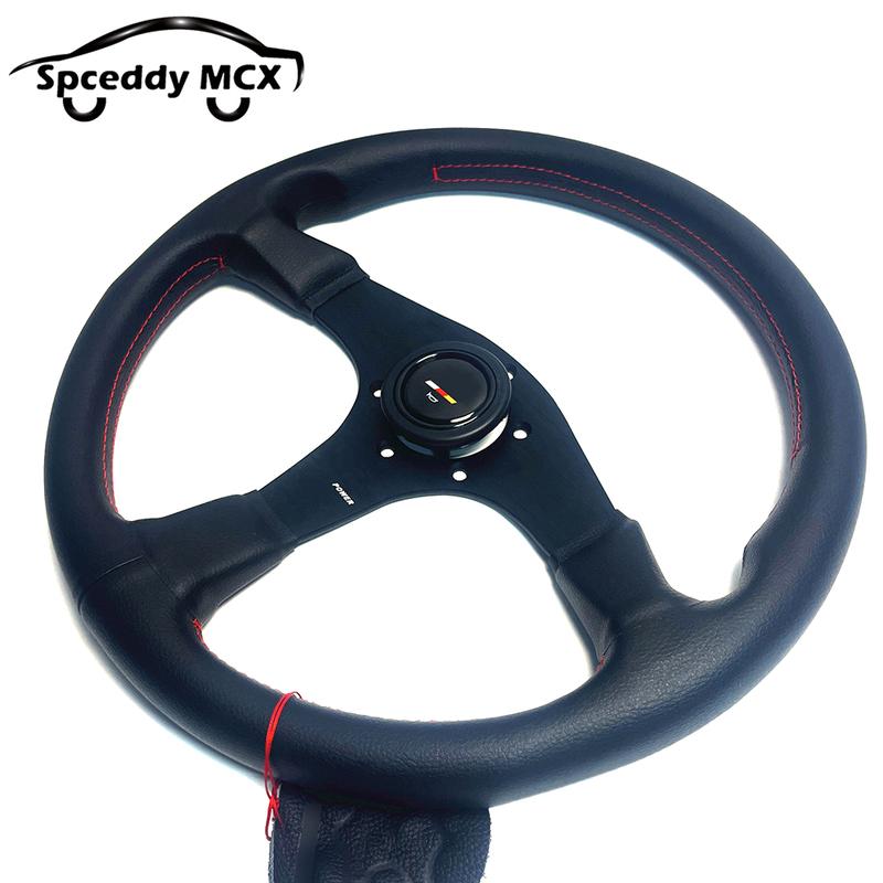 Racing Drift Sport Steering Wheel Real Leather 14inch With Red Stitching 350mm Diameter For Car Universal Modified