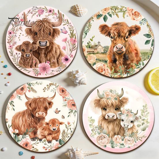 Healing Highland Calf Pattern Gifts Cow Cork Coasters, Cute Floral Farmhouse Drink Mats with Protective Furniture for Office Non-Slip Base,