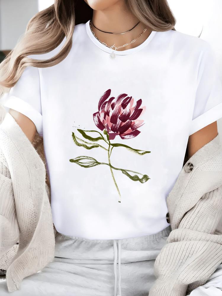 (Asian Size) watercolor flower trend Casual Women's Top T T-shirts Fashion O-neck Female Clothing Print Short Sleeve Graphic Tee
