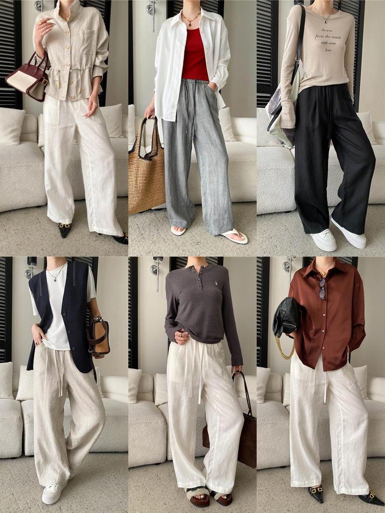Sinan Tencel Linen Drawstring Wide-Leg Floor-Length Casual Pants SN8668