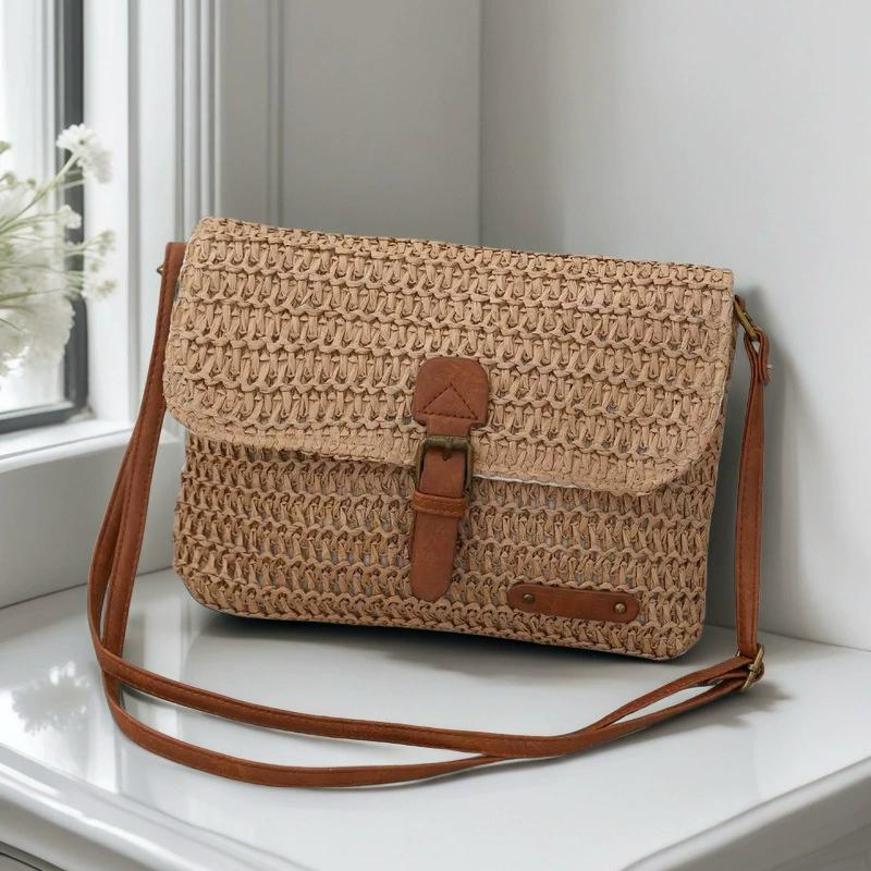 

New Fashionable Straw Women s Bag, Trendy Vacation Casual Shoulder Crossbody Bag, Versatile Stylish Straw Flap Bag KTB 28x5x22cm хакі