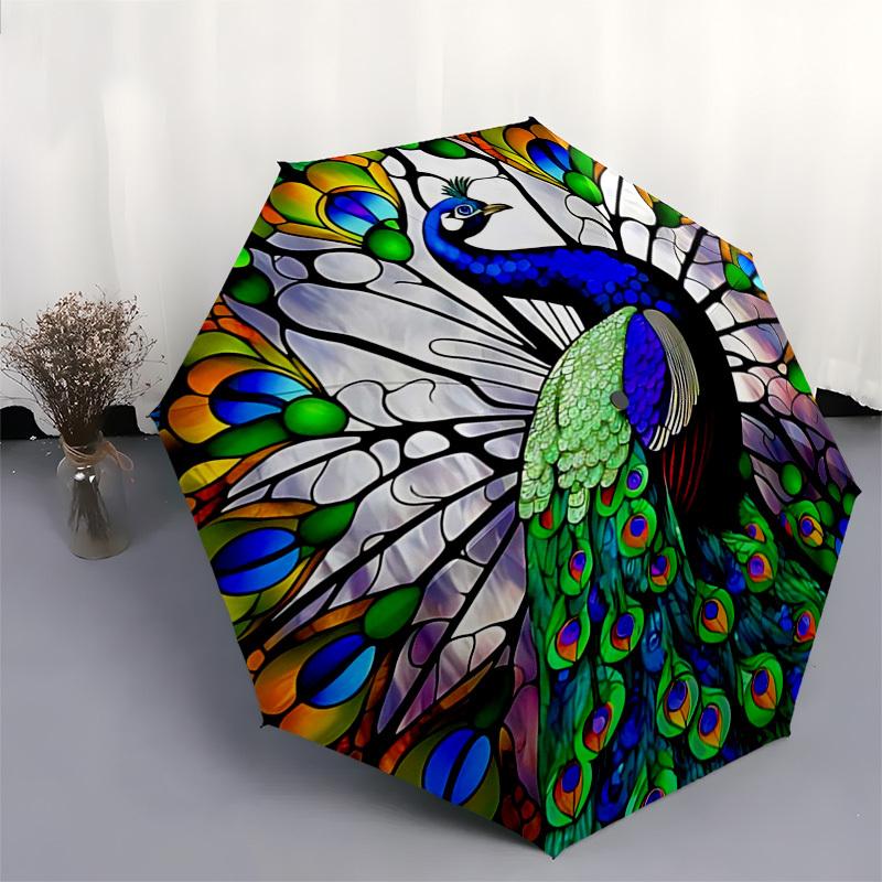 1pc Stained Glass Peacock Design Automatic Opening Folding Umbrella with 3-Fold Design, 8-Bone Iron Frame, Outdoor, Festive Gift for Fans, Travelers,