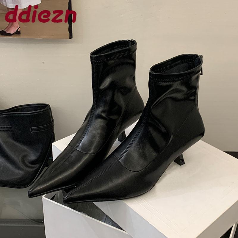 Mode Mode Spitzschuh Damen Moderne Kurze Stiefel mit Absätzen Schuhe Reißverschlüsse Damen Knöchel Stretch Stiefel Damen Pumps Schuhe
