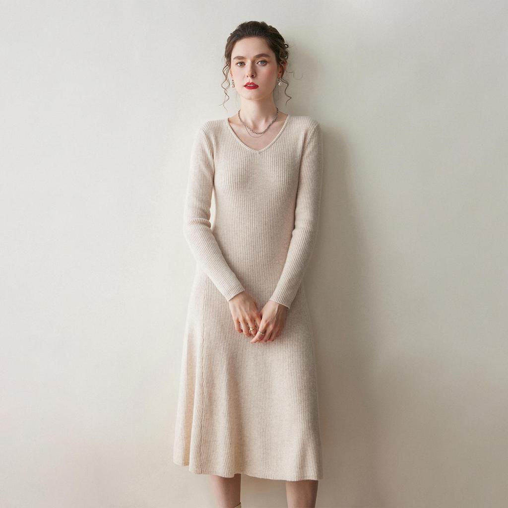 Women's Slimming V-neck Cashmere Knit Dress - Long Wool Dress for Autumn/Winter