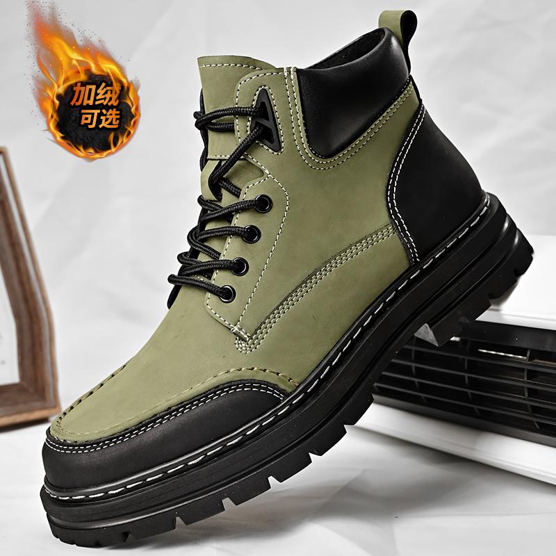 Nya Fritidsskor för Herrar, Gröna&Gråa Tooling Läderkängor med Valfritt Fleecefoder, Slitstark Plattformsstövel för Höst Vinter