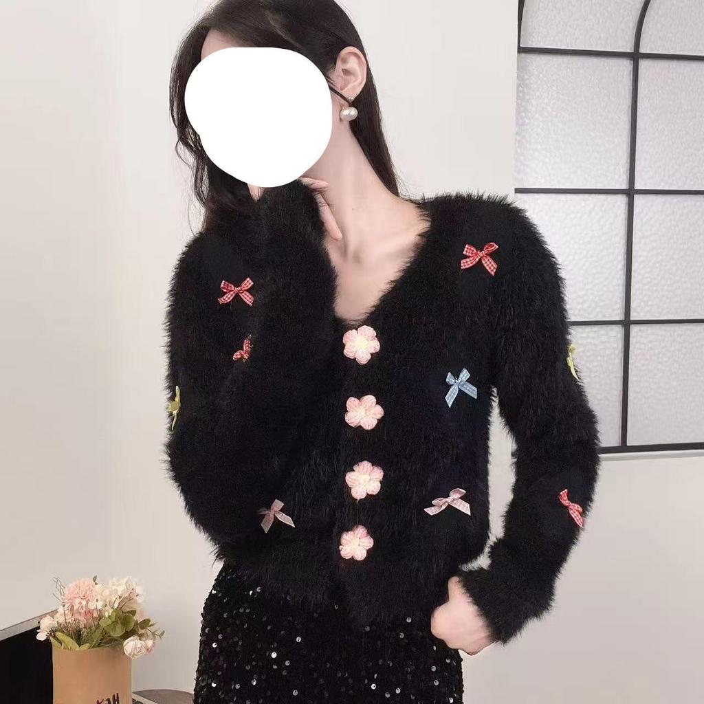 Elegant White Imitation Mink Fur V-Neck Sweater for Women - Autumn/Winter Three-Dimensional Floral Button-Down Cardigan with Stunning Bow.