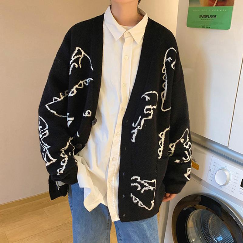 Herbst Oversize Strickjacke Herren Gestrickter Dinosaurier Pullover Streetwear Locker Herren Damen Mantel Doodle Hip Hop Muster Winter