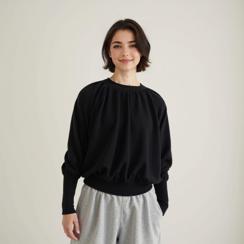 Bat sleeve pleated 0 Quan wool crew neck top early autumn thin loose inside knitted sweater women