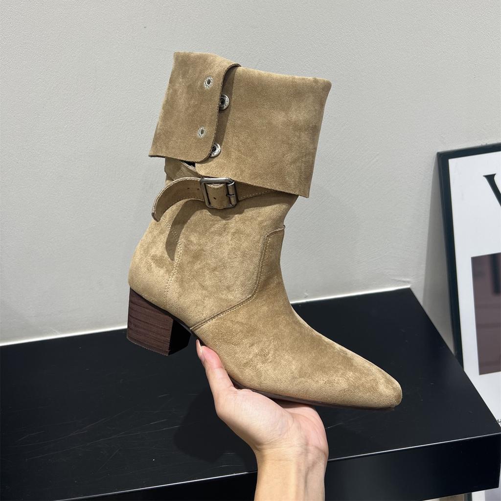 High Heel Suede Pointed Pile Boots Medium Knight Boots Women's Boots 2025 Autumn/Winter Brown Long Skinny Boots