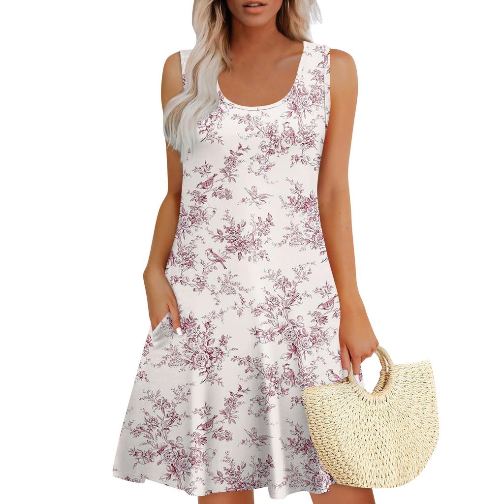 Women's Summer Casual U-shaped Tie Pocket Popular Floral Print Dress