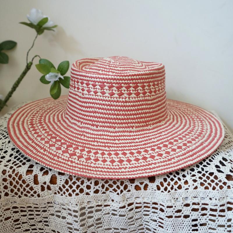 Retro Red Beige Big-Brimmed Vacation Straw Hat Summer Female Sunshade Sun Protection Beach Handmade Straw Flat Top Hat