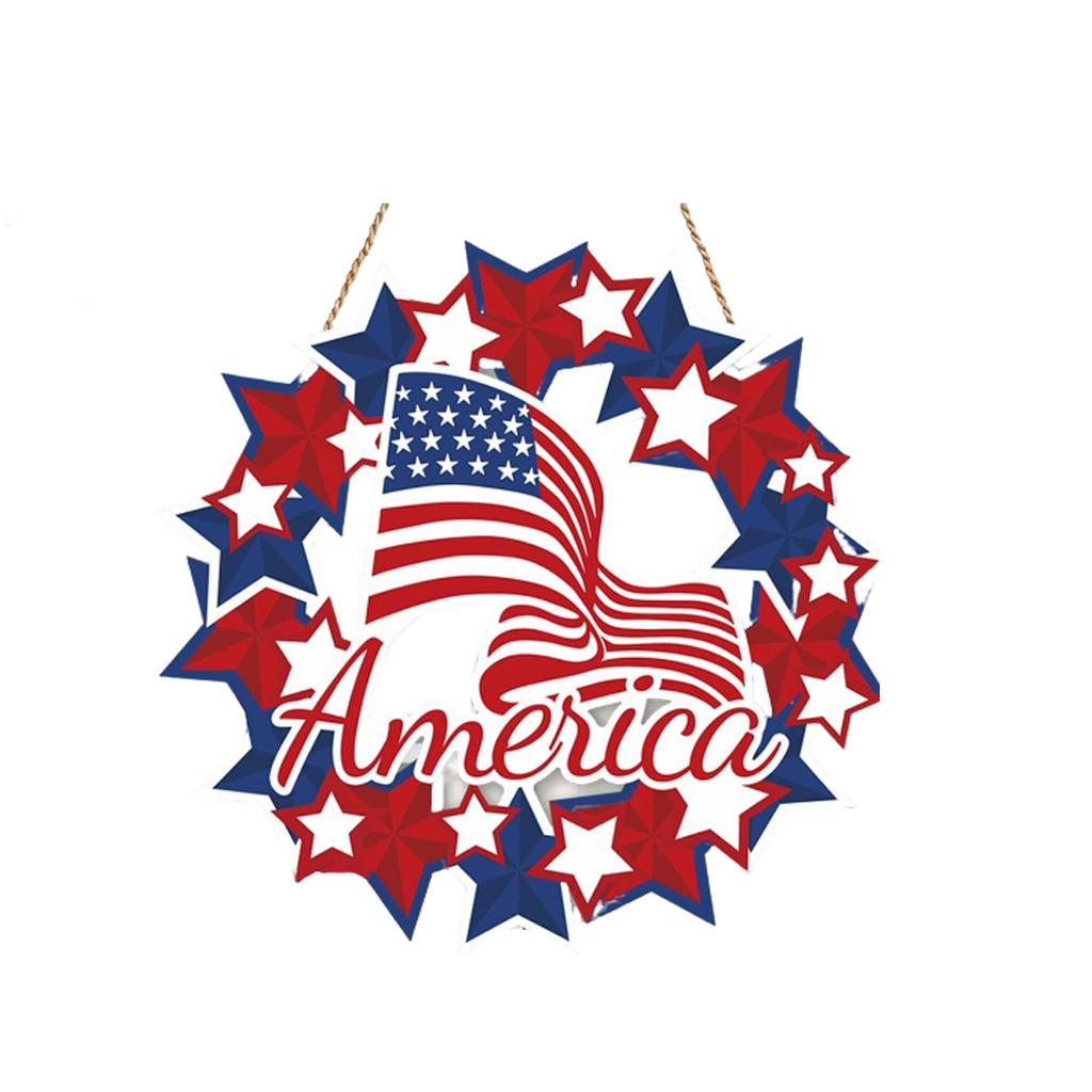 Wooden Patriotic Wreath Door Hanger Independence Day Decoration Wall Sign Plaque Home Hanging Ornament
