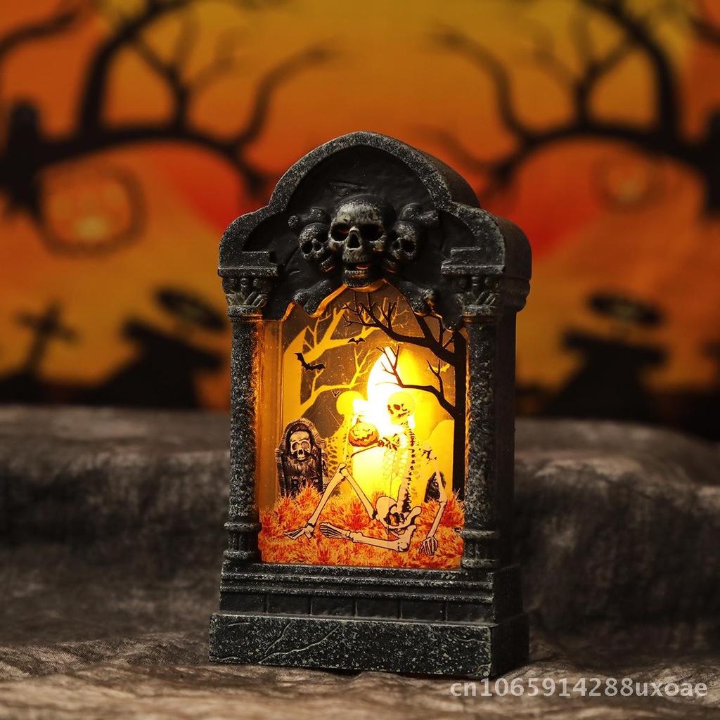 Halloween Tombstone Wind Lamp Creative Desktop Night Light Gray Luminous Plastic Ornament for Haunted House Secret Room