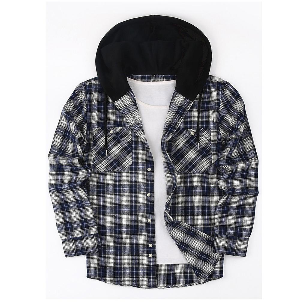 Mens Classic Plaid Long Sleeve Hooded Shirts Multi Pockets Thin Cotton Light Jacket Relaxed Fit Casual Outwear