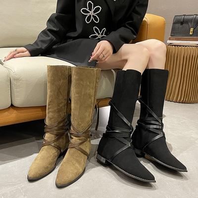 Fashion AJGS Women Boots Suede Cross-lace Autumn and Winter Women's Shoes Mid-calf Women's Pull-on Simple Pleated Fashion Boots