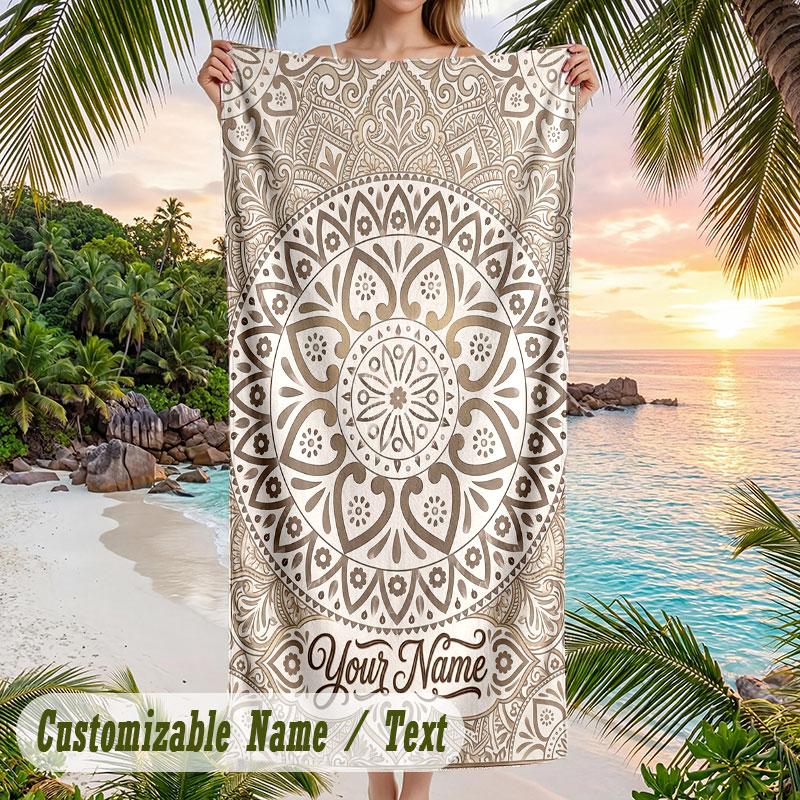 Elegant Lotus Theme Quick Dry Beach Towel Custom Name Text Print Large Sand Resistant Towel Beach Vacation