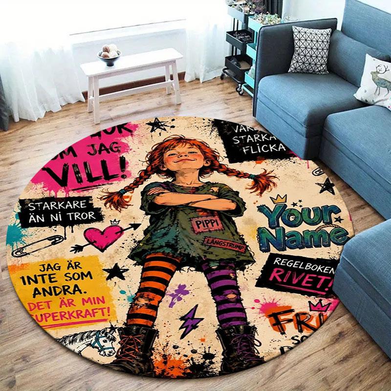 Pippi Langstrumpf Benutzerdefinierter Name Runder Teppich, Teppich für Wohnzimmer Schlafzimmer Sofa Spielzimmer Dekor, Rutschfeste Bodenmatte
