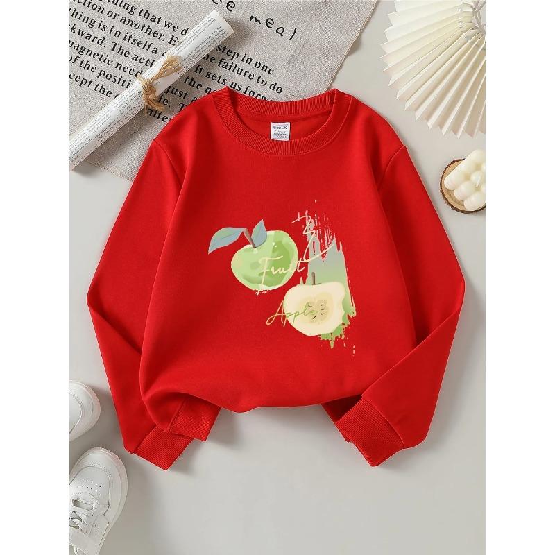 European sizes Kids' Round-Neck Hoodie | Fruit Apple Green Splash Design, Sportswear and Casual Wear, Soft and Comfortable, Easy to Care For