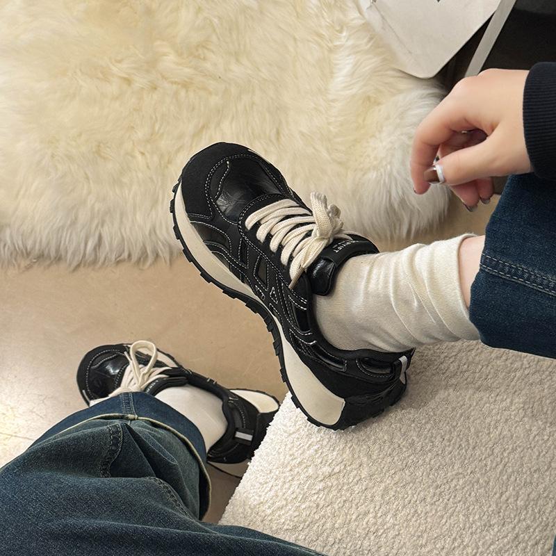 Cowhide Version Thick-soled Heightening Color Matching Shoes Women's Autumn New Sports and Leisure Shoes