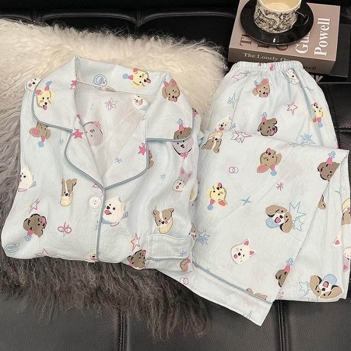 Moon Bear Cartoon Fashion Women's Pajamas Korean Style Casual Soft 2 PC Set Pajamas Autumn Long Sleepwear Lapel Neck New 2025