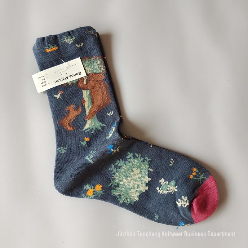 Șosete la modă cu pictură în ulei franceză: Șosete de vițel colorate, cu tub mediu-înalt, de nișă, la modă pentru femei