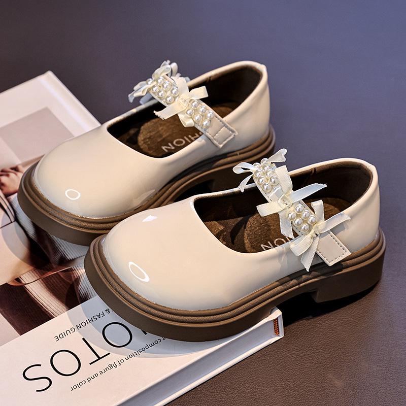 Flickors Pärlrosett Läder Prinsesskor - Mjuk Sula Koreansk Stil för Våren 2026