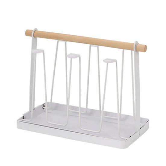 Iron Cup Drying Rack with Wood Handle & Drip Tray Baby Bottle Dryer Holder Space-Saving Countertop Organizer for Mugs