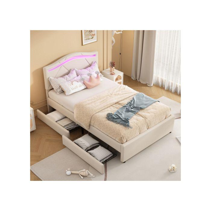 Lit rembourré - MUVOE - 90x200 cm - Beige - Éclairage LED télécommandé - 2 tiroirs de rangement